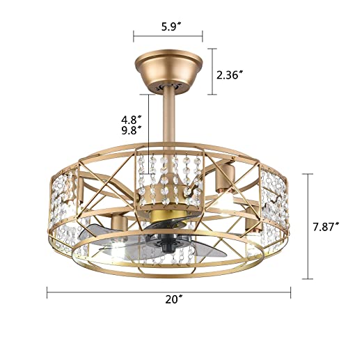 Ceiling Fan with Lights Remote Control, 20″ Caged Crystal Ceiling Fan 3-Speed Adjustable Gold Flush Mount Modern Ceiling Fan, Living Room, Kitchen, 4xE27 Bulb Base(No Bulbs） | The Storepaperoomates Retail Market - Fast Affordable Shopping