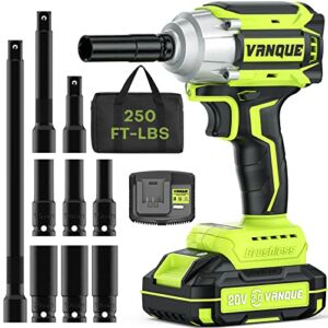 Impact Wrench, VANQUE 20V Impact Gun Kit, Brushless Cordless Impact Wrench 1/2 Inch, Max Torque 250 ft-lbs, Li-ion Battery, 7Pcs Sockets & Fast Charger, Electric Impact Gun for Car Tiers