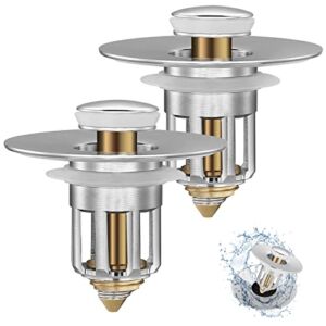 XYCING Bathroom Sink Stopper 2 Pack, Universal Pop Up Sink Drains with Stainless Steel Anti Clogging Filter Basket Hair Catcher, Brass Bounce Core Push Type Sink Plug Drain Strainer