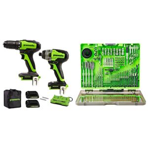 Greenworks 24V Brushless Drill/Driver + Impact Drive Combo Kit, Batteries and Dual Port Charger Included, with 90-Piece Impact Rated Driving Bit Set