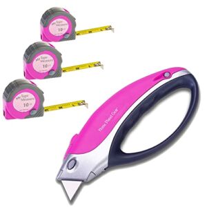 Home Planet Pink Box Cutter Utility Knife plus 3 pack Pink “Where’s my Tape Measure” Three Small Measuring Tapes 10 ft