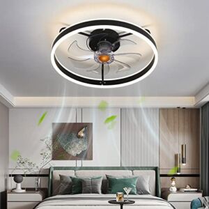 Asyko 20″ Enclosed Ceiling Fan with Lights, Modern Flush Mount Indoor Ceiling Fans with Remote Control, Low Profile Bladeless Ceiling lighting Fixture, Black