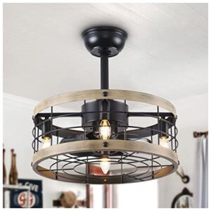 Rustic Ceiling Fan With Light, Farmhouse Ceiling Fan With Light, Industrial Caged Ceiling Fan With Lights And Remote,Low Profile Modern Black Ceiling Fans For Kitchen Bedroom Office Entryway
