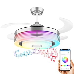 Modern Retractable Ceiling Fans with Lights and Bluetooth Speaker Color Change Smart Ceiling Fan 6 Speed Invisible Chandelier Ceiling Fans light with Remote for Bedroom Living Room 42 Inch (Chrome)