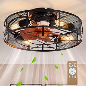 XPEHK 19” Caged Ceiling Fan with Light,4-Light Low Profile Flush Mount Ceiling Fan,6 Speeds Adjustable Ceiling Fan Lights with Remote,Industrial Ceiling Fan for Kitchen Bedroom Living Room