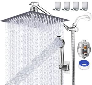 UPGRADED 12″ Rain Shower Head with Handheld Spray Combo High Pressure Rainfall Shower head with 12″ Extension Arm Free Shower Filter for Hard Water & Chlorine + Hose & 4 Hooks, Square Dual Shower Head