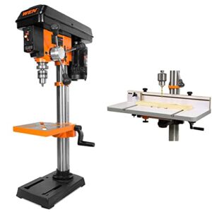 WEN 4212T 5-Amp 10-Inch Variable Speed Benchtop Drill Press with Laser & DPA2412T 24 in. x 12 in. Drill Press Table with an Adjustable Fence and Stop Block