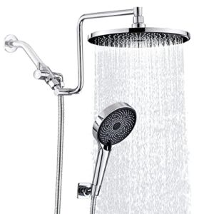 10″ High Pressure Rainfall Shower Head with Handheld Combo, Upgrade 12″ Extension Arm Height Adjustable, 3-Way Powerful Shower Head with Hand Shower, Brass Shower Holder Extra Long Shower Hose, Chrome