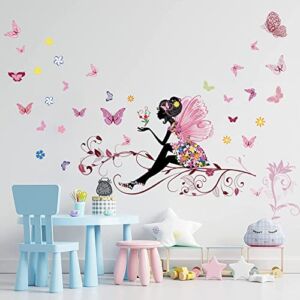 Supzone Butterfly Girl Wall Decal Flower Fairy Wall Sticker Colorful Butterflies Wall Decor DIY Vinyl Mural Art for Girls Baby Nursery Bedroom Playroom Home Decoration