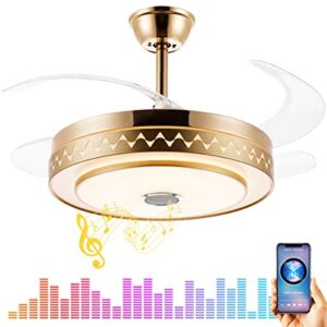 Retractable Blades Ceiling Fan with Lights and Bluetooth Speaker Dimmable Invisible Chandelier Ceiling Fan with Remote 7 Color Light Fandelier Ceiling Fan Light 6 Speed Living Room (42 inch Gold)