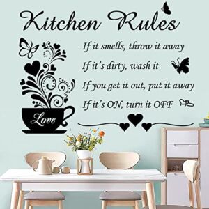 Wall Decals Kitchen Rules Wall Stickers Removable DIY Vinyl Wall Art Decor Flower Art Wall Decor Sticker Black Love Coffee Cup Wall Sticker Quote for Kitchen Dining Shop Cafe Baking Room Restaurant ​Wall Decorations.