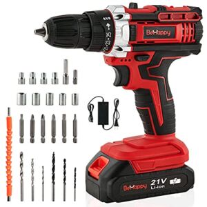 Behappy 21V Cordless Drill Set, Electrical Power Drill Driver Tool Kit with 19+1 Positions, 2 Variable Speed, 315 In-lb Torque, LED Light and Drill Bits