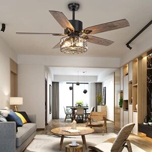 Tropwellhouse 52Inch Caged Ceiling Fans with Lights, Industrial Ceiling Fan E26w 5 Wood Reverse Blades and Crystal Light Fixture for Living Room/Bedroom, Brown Ceiling Fans with Remote