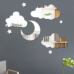 Qoyntuer 3D Acrylic Mirror Sticker,Moon and Stars Mirror Decals,Cloud Shape Mirror Sticker,Self-Adhesive Wall Art Decals,Silver Mirror Stickers Wall Decoration for Home Hhildren’s Room Accesossries