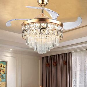 Crystal Ceiling Fans with Lights and Remote, Modern LED Chandelier Ceiling Fan with Retractable Blades 3 Color 3 Speeds Silent Fandelier Fixture for Bedroom Living Room (Gold)