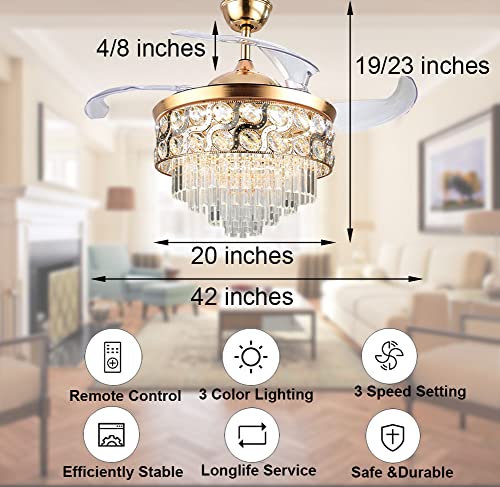 Crystal Ceiling Fans with Lights and Remote, Modern LED Chandelier Ceiling Fan with Retractable Blades 3 Color 3 Speeds Silent Fandelier Fixture for Bedroom Living Room (Gold) | The Storepaperoomates Retail Market - Fast Affordable Shopping