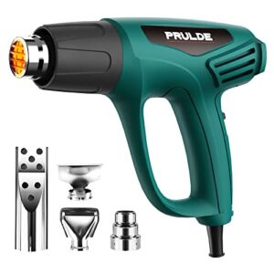 Heat Gun, PRULDE 1500W Dual Temperature Settings 572°F~1112°F Fast Heating Hot Air Gun with 6.5Ft Power Cord/4 Nozzles/Overload Protection for Crafts, Shrink Wrapping/Tubing, Paint Removing(N2190)