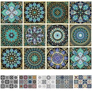 AINNO Mandala Decorative Tile Sticker, 12 Pcs 6×6 inch Removeable Waterproof Vinyl Self Adhesive Wall Tile Decals，Peel and Stick Backsplash for Kitchen Bathroom Home Decor Moroccan Green