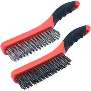 Heavy Duty Wire Brush Set by TAKAVU, Carbon Steel and Stainless Steel Wire Scratch Brush with 10″ Curved Plastic Handle for Cleaning Rust, Paint, Welding