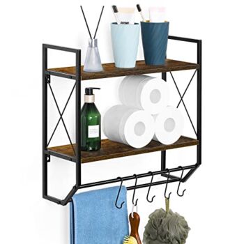 Bathroom Wall Shelf Wall Mounted Industrial 2 Tier Wood Bathroom Towel Rack with Towel Bar, 5 Metal Hooks Rustic Wall Hanging Toilet Storage Shelf for Kitchen, Bathroom, Brown | The Storepaperoomates Retail Market - Fast Affordable Shopping