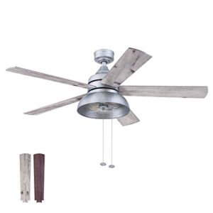Prominence Home 52″ Brightondale Industrial Farmhouse Indoor/Outdoor Ceiling Fan, Damp Rated, LED Light with Painted Hood and Edison style bulbs, Galvanized Finish