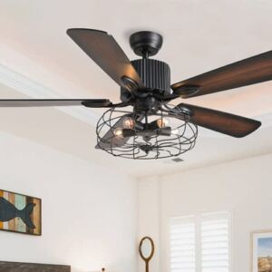 PDDL 52 inch Industrial Ceiling Fan with Light and Remote, 5 Wood Reversible Blades, Retro Black Outdoor Farmhouse Ceiling Fan for Bedroom,Living Room,Pavilion and Barn