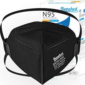 BENEHAL N95 Mask NIOSH Certified N95 Face Mask 30 Pack Individually Wrapped,5-Ply Filter Efficiency≥95% Safety Breathable Black N95 Face Masks Disposible Cup Dust Safety Masks Particulate Respirators N95 Mask Against PM2.5 Adjustable Headbands for Adults