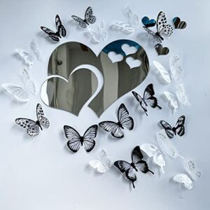 36pcs 3D Crystal Butterfly and 5pcs Silver Acrylic Mirror Hearts Wall Stickers with Adhesive Art Decal Satin Paper Baby Kids Bedroom Home DIY Decor Removable Stickers (36 Butterfly and Silver Heart)