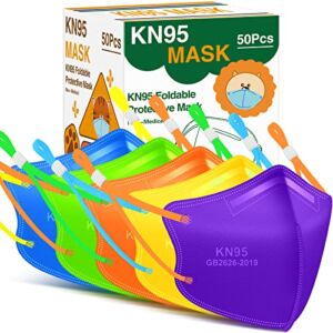 Kids KN95 Masks for Children, 50Pack 5-Layer Multicolored Disposable KN95 Face Masks with Adjustable Ear Loop for Boys Girls