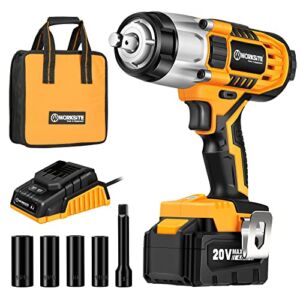 WORKSITE Impact Wrench Cordless 1/2 Inch, Impact Gun 370 Ft-lbs (500N.m) with 4.0A Battery, Fast Charger, Variable Speed, 4 Sockets, One Extension Bar & Tool Bag