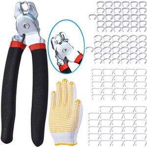 Hog Ring Pliers with 483Pcs 3/4″ 1/2″ 3/8″ 1″ Galvanized Hog Rings and Anti-Slip Gloves Perfect for Furniture Upholstery, Auto Upholstery, Cords, Animal Pet Cages, Bagging (Bent Hog Rings Pliers Kit)