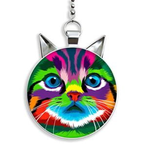 Colorful Blue Eyed Cat Cat Shaped Fan/Light Pull Pendant with Chain