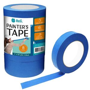 Reli. Painter’s Tape, Blue | 8 Rolls Bulk | 1″ x 55 Yards Per Roll (440 Yards Total) | Blue Tape/Painters Tape 1 Inch Wide | Paint Tape for Walls, Glass, Wood Trim, Multi-Surface | Painting/Masking