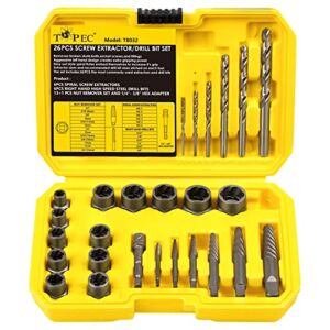 Topec 26-Piece Screw & Bolt Extractor and Drill Bit Set, Remove Stripped, Frozen, Rounded-Off Bolts, ​Nuts & Screws, Extractor Tool Set with Solid Storage Case