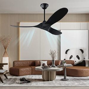 JJ.Yoma Modern Smart Black Ceiling Fan, Quiet Retro 60 Inch Ceiling Fan with Remote, Solid Wood 3 Blade Ceiling Fan Outdoor with 6 Speed Natural Wind for Room Farmhouse Patios, 2 Downrod, black
