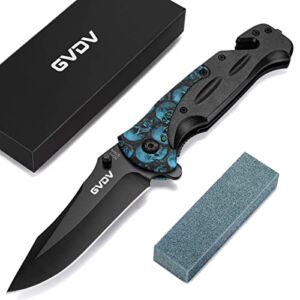 GVDV Utility Pocket Knife with 7Cr17 Stainless Steel – EDC Folding Knife for Outdoor Camping Hunting, Liner-Lock, Clip, Seatbelt Cutter, Glass Breaker for Emergencies, Father’s Day Gifts, Blue Skull