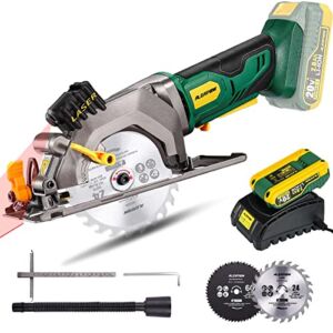 ALEAPOW Cordless Circular Saw, 20V 4-1/2″ Lightweight Mini Saw with 2.0Ah Battery, 1- H Fast Charger, 2 Blades, Max Cutting Depth: 1-11/16”(90°), 1-1/8”(45°), Ideal for Wood, Plastic and Soft Metal
