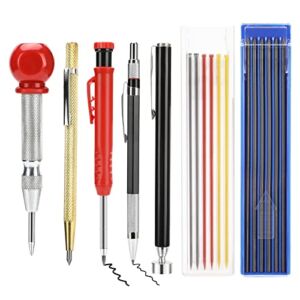 7 Pieces Mechanical Carpenter Pencils Kit with Center Punch, Magnetic Pick Up Tool, Metal Scribe Tool, 2 Pieces Solid Carpenter Pencil with Built-in Sharpener, 18 Refills, for Woodworking Father’s Day