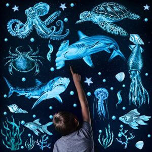 4 Pieces Glow in The Dark Ocean Wall Decals Under The Sea Wall Decals Fish Wall Decals PVC Sea Animals Wall Stickers for Kids Room Living Room Nursery Bathroom Decoration