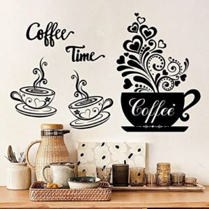 Coffee Cup Wall Decals Vinyl Kitchen Wall Decor Stickers Black Coffee Tea Sign Decor Flower Wall Art Sticker Removable DIY Coffee Saying Decorations for Home Cafe Shop Coffee Station Bar Pub Office