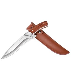 FLISSA Hunting Knife with Leather Sheath, 11-5/8 inch Fixed Blade Full-Tang Construction, Ergonomic Wood Handle Knife for Outdoor Survival, Camping, Hiking, Brushcraft, Gift for Dad Husband Men