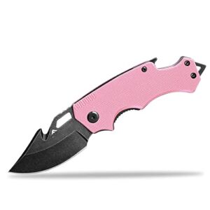 Flissa Mini Folding Pocket Knife, 2.5-Inch Stainless Steel Drop Point Blade, EDC Pocket Knives for Women with Bottle Opener and Glass Breaker (Pink)