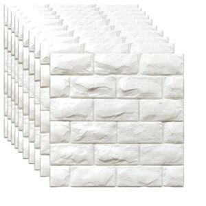 3D Wall Panels Peel and Stick 11PCS White Foam Brick Wallpaper for Bedroom Faux Stone Wall Panel Self-Adhesive Wallpaper (11PCS-10.65 Sq Ft, White)