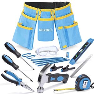 REXBETI 18pcs Blue Young Builder’s Tool Set with Real Hand Tools, Reinforced Kids Tool Belt, Waist 20″-32″, Kids Learning Tool Kit for Home DIY and Woodworking