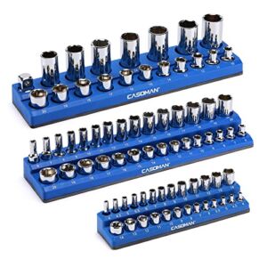 CASOMAN Magnetic Socket Organizer, 3 Piece Socket Holder Kit, 1/2-inch, 3/8-inch, 1/4-inch Drive, Holds 75 Metric Sockets, Blue Color, Professional Quality Tools Organizer, Socket Not Included