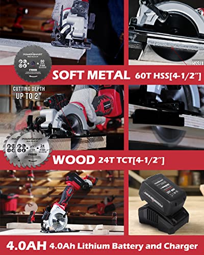 PowerSmart Cordless Circular Saw, 20V 4-1/2 Inch Mini Circular Saw Cordless, 4500 RPM, Laser & Parallel Guide, 3 Blades for Wood and Soft Metal, 4.0Ah Battery and Fast Charger Included | The Storepaperoomates Retail Market - Fast Affordable Shopping