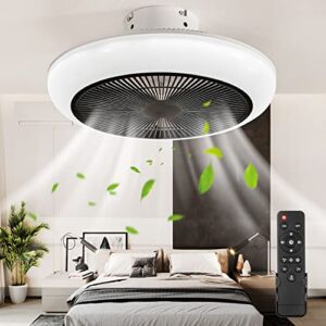 YAMAFOO Modern Bladeless Ceiling Fan with Light, 18in Fan Light with Remote Control, Enclosed Low Profile Fan Light, Flush Mount Fan Light, Dimmable LED, 3 Color & 3 Wind Speed (Black)