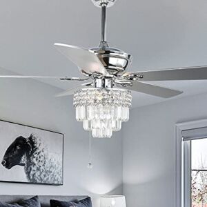 52 Inch Crystal Ceiling Fan, Modern Chandelier With Remote Control, Dual Finish Blades Fan with Reversible Motor, Indoor Fan for Living Room Bedroom Dinning Room, Silver
