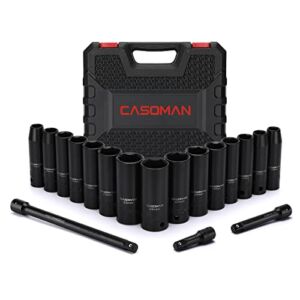 CASOMAN 18PCS 1/2″ Drive Impact Socket Set, Deep, Cr-V Steel, Metric, 10mm-24mm, Includes Extension Bars:3-inch, 5-inch, 10-inch