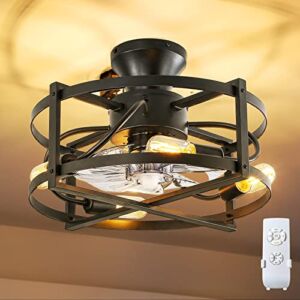 Industrial Ceiling Fan with Lights, 18″ Farmhouse Caged Ceiling Fan with Noiseless Motor, Remote Control, 4 Timing Options,3-Speed Adjustable, Suitable for Bedroom, Kitchen, Dining Room, Living Room